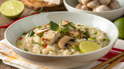 Creamy chicken and mushroom risotto with lime garnish, great for dinner recipes, Italian restaurant menus, or comfort food promotions