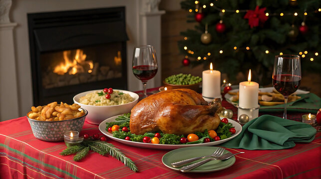 Traditional Christmas dinner with roast turkey, wine, and festive decorations, ideal for holiday ads, seasonal greeting cards, or culinary celebration themes