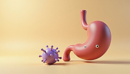 Cartoon stomach and virus illustration on pastel background  