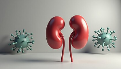 Conceptual rendering of human kidneys with virus cells around  