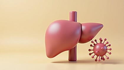 Liver and virus illustration in 3D style on neutral background  
