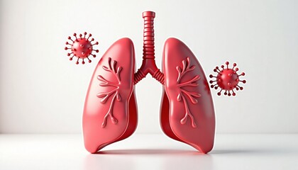 3D illustration of human lungs with virus cells on white background  