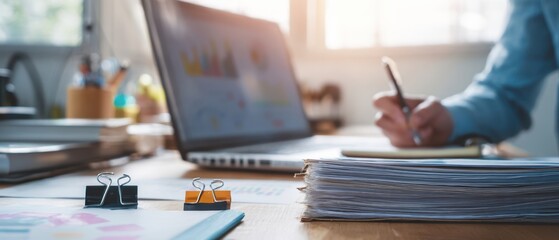 The neat workspace with laptop and documents for effective productivity