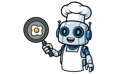 Cartoon Robot Chef Holding Frying Pan with Egg.
