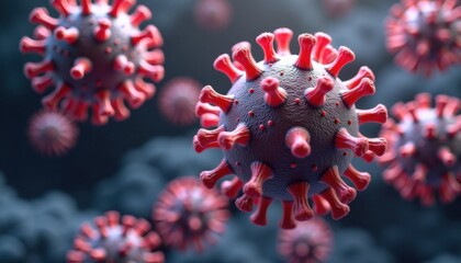 Microscopic view of coronavirus particles on dark background  