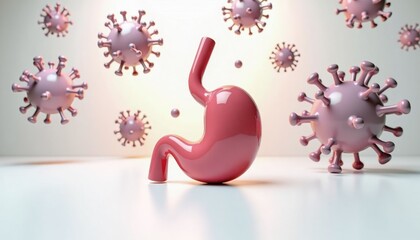 Cartoon stomach with viruses in background symbolizing health risks  