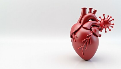 3D model of human heart with virus representation in red color  