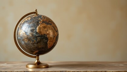 create a photo of a connected bronze earth glob in an artistic position, the globe should be positioned on the left side of the image