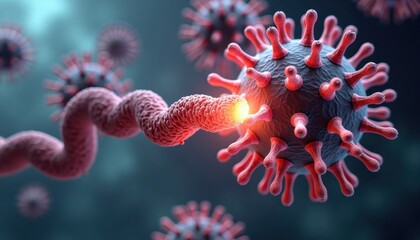 Virus structure with protein spikes and DNA strands in blue background  