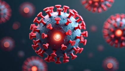 3D representation of coronavirus with red spikes on dark background  