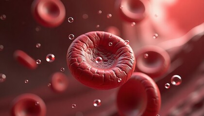 Red blood cells circulating in bloodstream with oxygen bubbles  