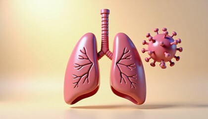 3D rendering of human lungs and virus model in a colorful background  