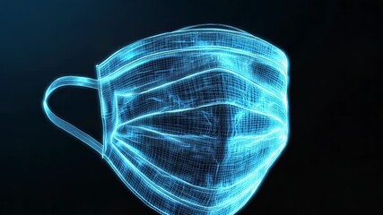 Glowing protective mask wireframe floating on dark background - Powered by Adobe