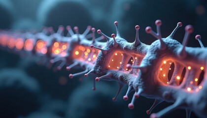 Microscopic view of cellular structures with glowing elements  