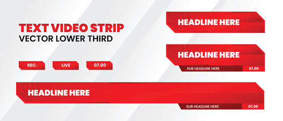 text video strip lower third for stream, tv. Vector modern colorful red and white. video title or television news bar isolated template.