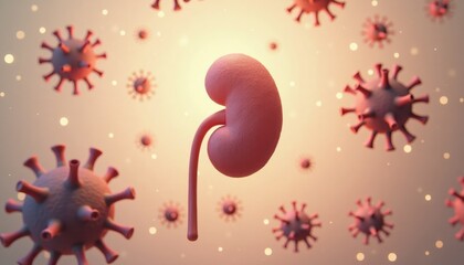 Kidney model surrounded by virus particles in abstract background  