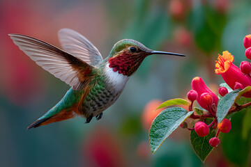 Fototapeta premium Hummingbird with extended tongue feeding from vibrant red flower in morning garden