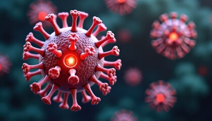 Detailed illustration of virus cells with red spikes on dark background  