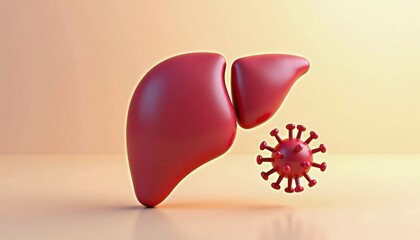 3D rendering of human liver and virus on pastel background  
