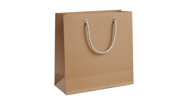 Tan paper shopping bag with rope handles on transparent background