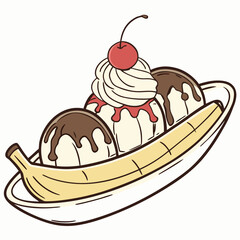 Hand-drawn vector illustration of a classic banana split sundae dessert with scoops of ice cream, chocolate sauce, and a cherry