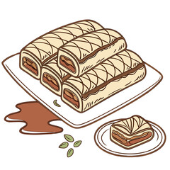 Hand-drawn vector illustration of delicious sweet pastry rolls with chocolate filling and drizzle, a tasty bakery dessert on a plate