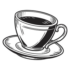 Classic hand-drawn coffee cup and saucer in a vintage engraving style. Retro monochrome sketch illustration isolated on white background