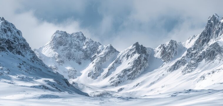 The breathtaking snowy mountains under a dramatic sky capture nature's serene beauty.