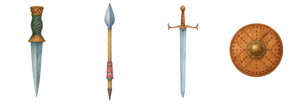 Watercolor clipart of st. andrew day weapons including dagger spear sword and round shield in traditional style