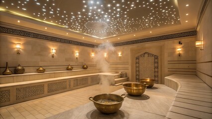 Interior of a luxurious turkish bathhouse with steam and decorative lighting on the ceiling