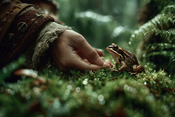 Obraz premium Hand gently reaching out to connect with a frog in a lush, green forest