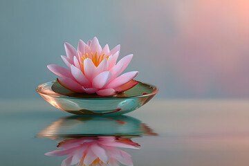 Serene pink lotus flower resting on a leaf in a glass water bowl with soft reflections