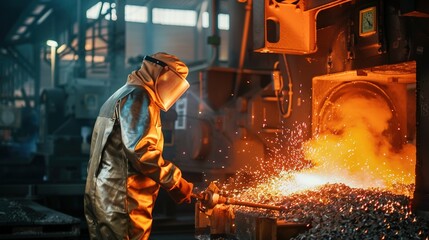 Fototapeta premium Heat treatment worker in heat-resistant protective gear, operating industrial equipment to process metal parts, standing near a glowing furnace with sparks, monitoring temperature gauges in a factory