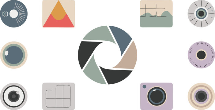 Minimalist Photography Elements Camera Iris, ISO, Lens, Memory Card, and Light Meter Graphics Design