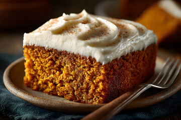 Pumpkin spice cake slice on ceramic plate with soft lighting and cozy autumn mood
