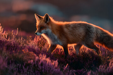 Red fox tail sweeping through heather on moorland at golden hour with warm light