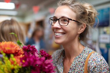 Group of teachers celebrating World Teachers Day with flowers and smiles in staffroom, 
