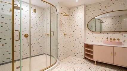 Interior of a modern bathroom featuring a shower with gold fixtures and a pink vanity cabinet