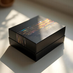 luxury black gift box with iridescent holographic stripes in sunlight