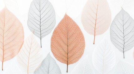 Minimalist arrangement of delicate skeleton leaves with diverse pastel colors on white surface
