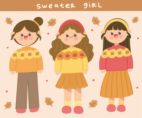 group of girls wearing autumn sweater with different hair style and type vector art