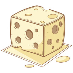 A delightful hand-drawn illustration of a porous cheese cube, representing a classic dairy snack