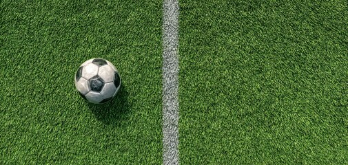 The soccer ball resting on vibrant green grass on a playing field.
