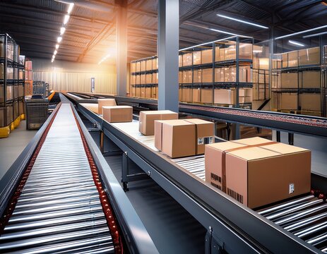 high tech conveyor belt with automated packages in smart warehouse for modern logistics solutions