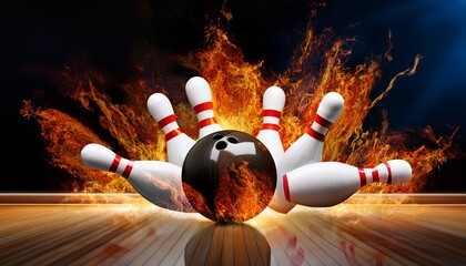 flaming bowling pins and ball knocked down in dramatic action shot