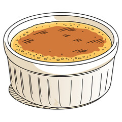 Hand-drawn vector illustration of a classic French crème brûlée dessert with a caramelized sugar top served in a traditional white ramekin