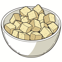 Hand-drawn vector illustration of fresh cubed tofu in a white ceramic bowl, a healthy vegan protein source for cooking