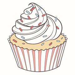 A charming hand-drawn illustration of a delicious cupcake with swirled vanilla frosting and colorful sprinkles, isolated on a white background