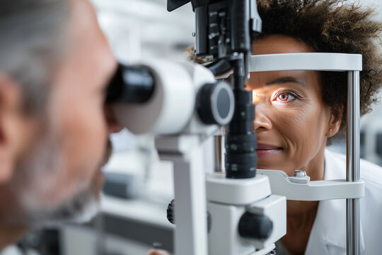 Ophthalmologist examining patients eyes with professional equipment in modern clinic,