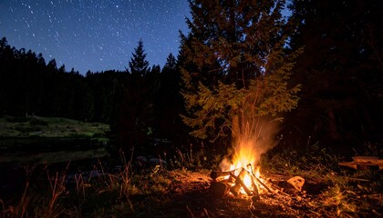 Campfire under starry night sky